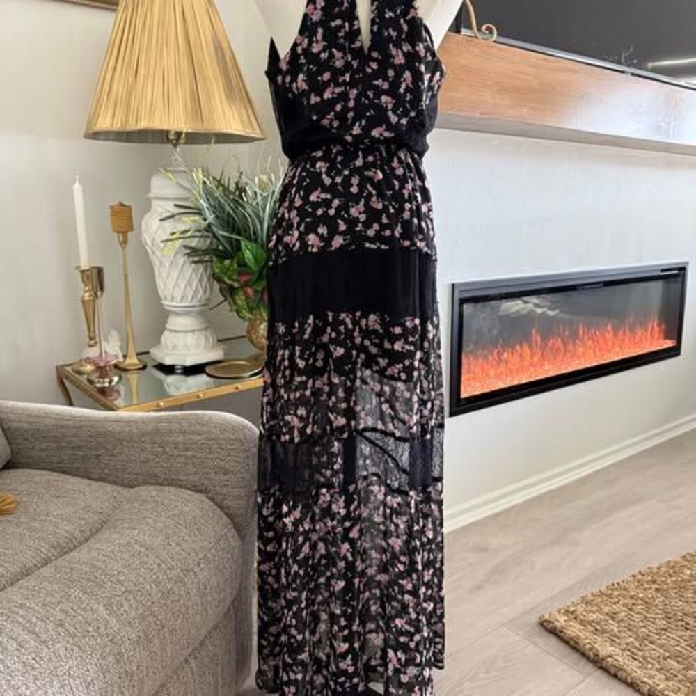 Black Floral Maxi Dress Women Small Boho Lace Layered Spaghetti Straps Size L - Picture 10 of 14